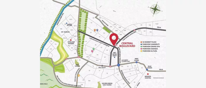 Location map of project Bestech Central Boulevard Sector 88 Gurugram