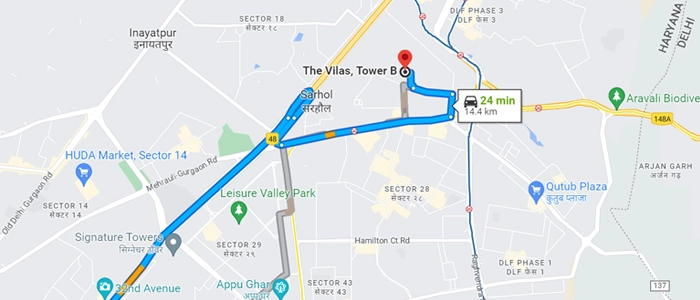 Location map via google maps with clickable image of Emaar MGF The Vilas
